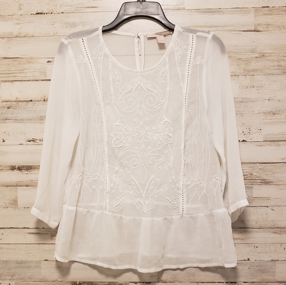Tops - Sheer lace peplum blouse embroidered crochet beads